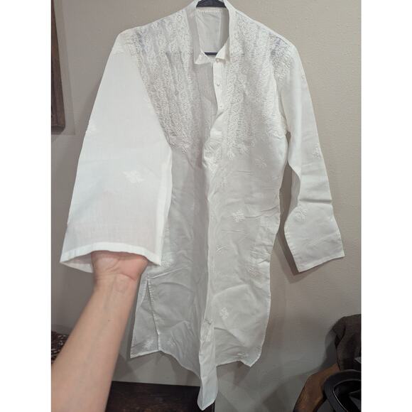 Gorgeous starched white cotton embroidered Kurta/caftan size approx 42 No tag - Picture 4 of 8